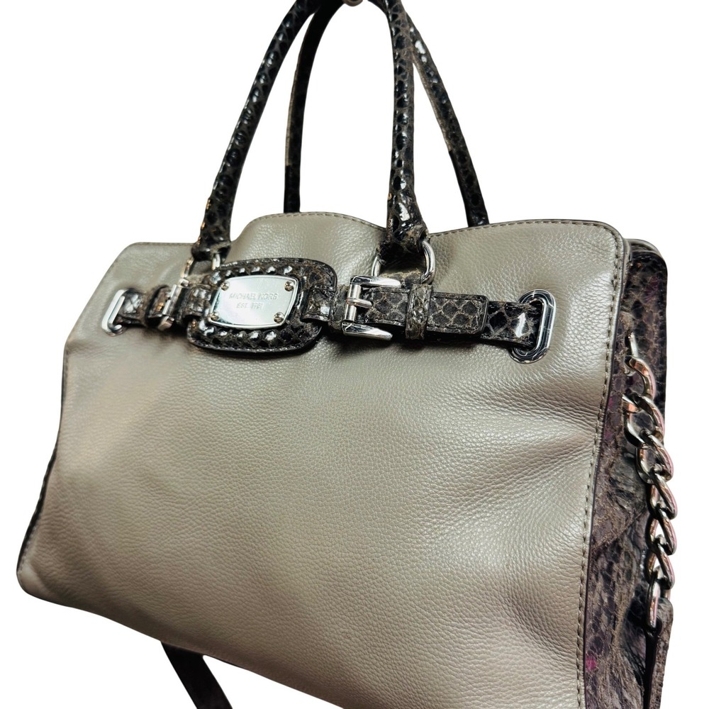 Michael Kors Grey Pebbled Leather & Snakeskin Embossed Satchel Crossbody Bag - Picture 2 of 14